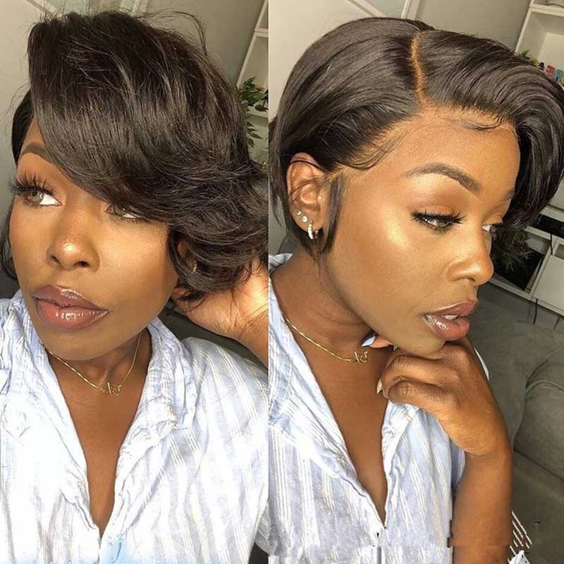 QVR Pixie Cut Style Short Hair Natural Black Color T Part Lace Frontal Human Hair Wig - Image 7