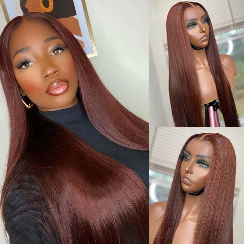 QVR Pre-cut 4x6 HD Lace Closure Human Hair Wig Straight/Body Wave #33 Colored Reddish Brown Wig - Image 3