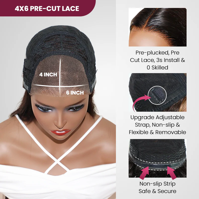 QVR Pre-cut Gluless 4x6 HD Lace Closure Wig Human Hair Wigs Water Wave Wear&Go Wig - Image 7