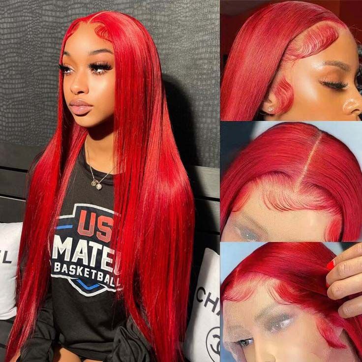 QVR Pre Plucked Red Color Straight 13x4 Lace Front Wig Colored Nature Hairline Human Hair Wigs - Image 2