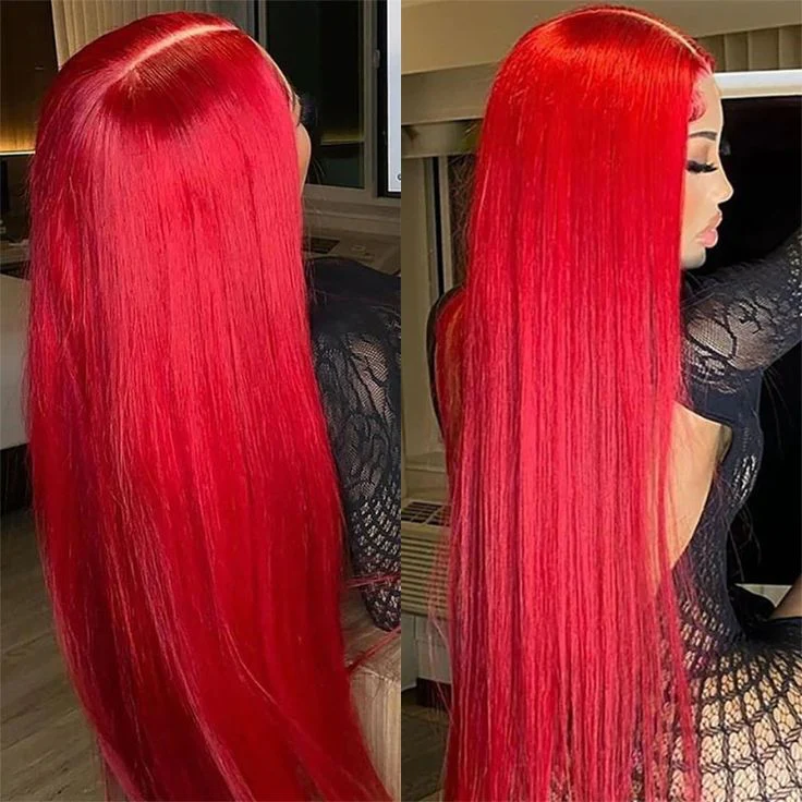 QVR Pre Plucked Red Color Straight 13x4 Lace Front Wig Colored Nature Hairline Human Hair Wigs - Image 3