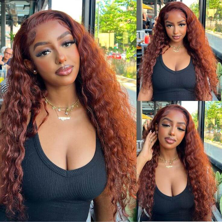 QVR Pre-plucked Reddish Brown 13x4 Lace Frontal Water Wave Wigs Human Hair Wigs - Image 2