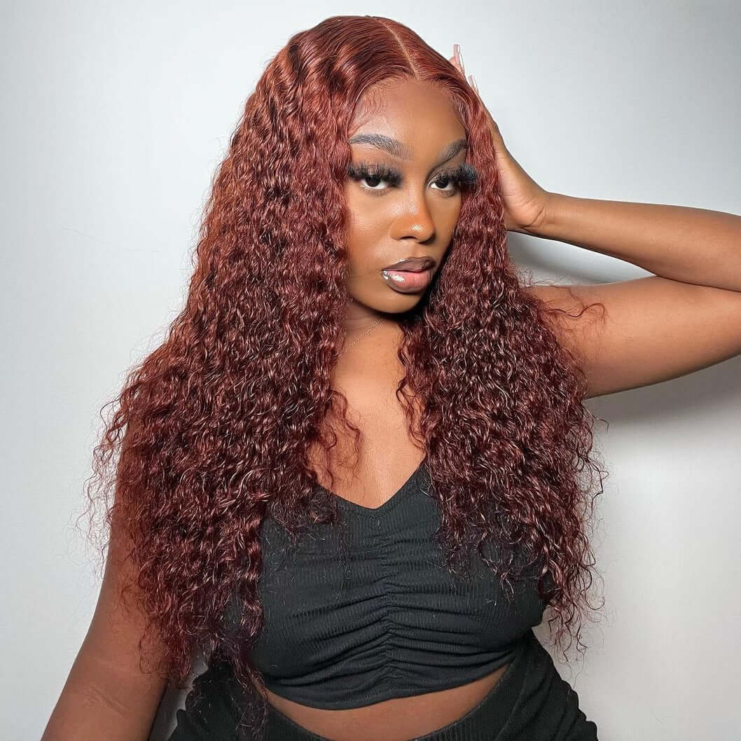 QVR Pre-plucked Reddish Brown 13x4 Lace Frontal Water Wave Wigs Human Hair Wigs - Image 4