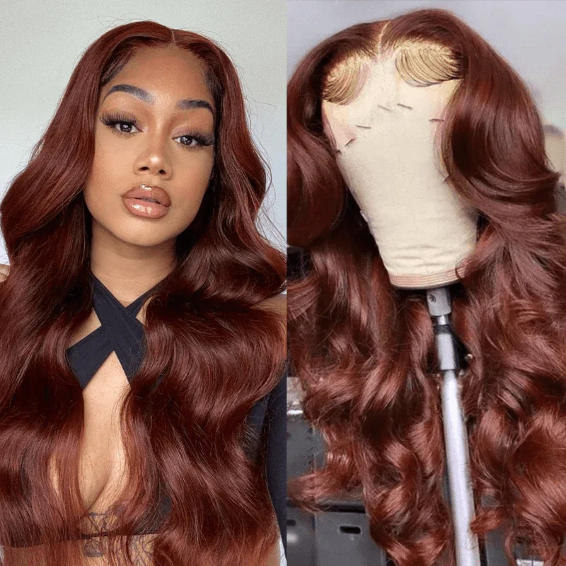 QVR Real Glueless 5x5 HD Transparent Lace Body Wave Wigs #33 Red Reddish Brown Auburn Color - Image 2