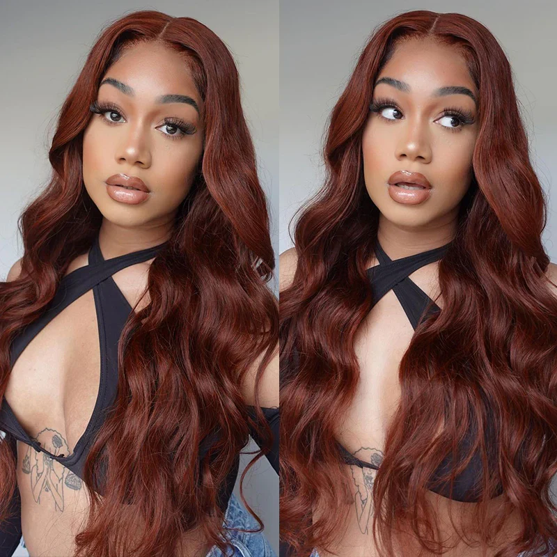 QVR Real Glueless 5x5 HD Transparent Lace Body Wave Wigs #33 Red Reddish Brown Auburn Color - Image 3