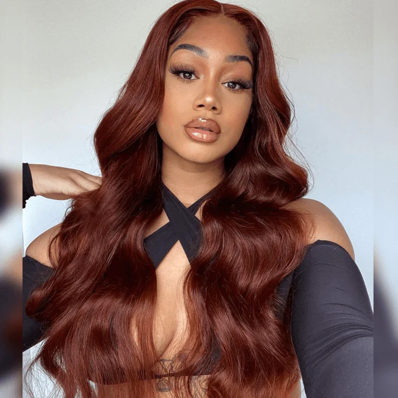 QVR Real Glueless 5x5 HD Transparent Lace Body Wave Wigs #33 Red Reddish Brown Auburn Color - Image 4