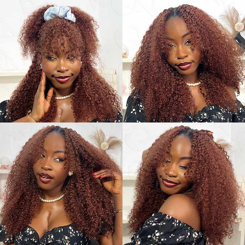 QVR Reddish Brown Human Crochet Hair Small Kinky Curly Machine Made #33B Feather Crochet Hairstyle - Image 3