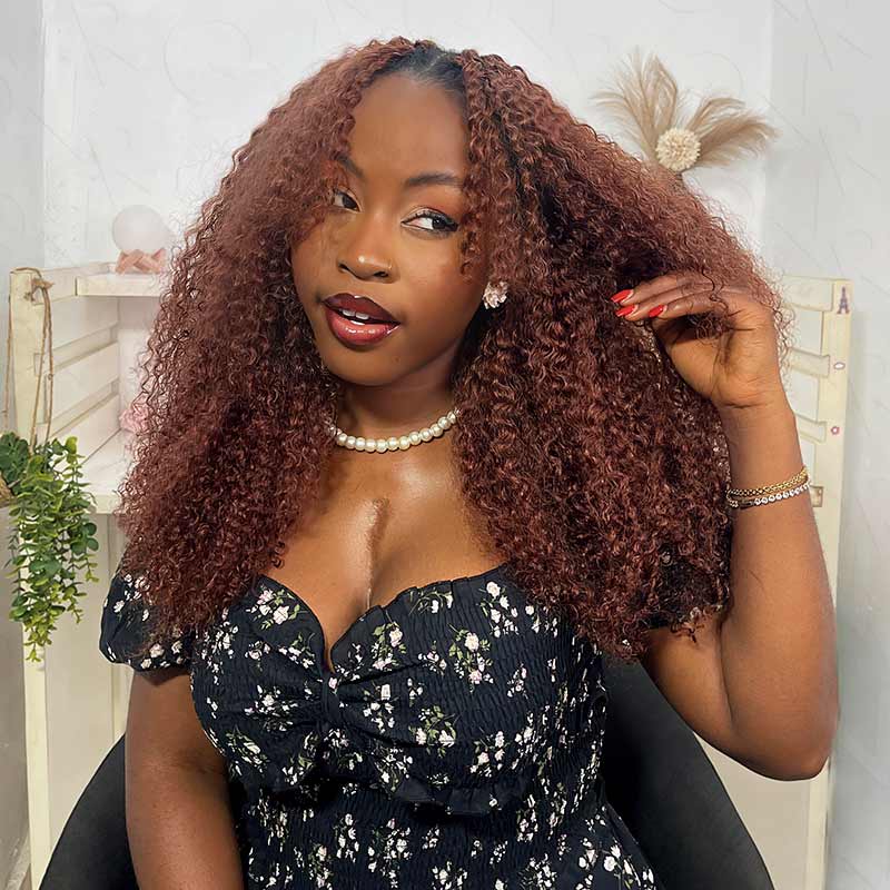 QVR Reddish Brown Human Crochet Hair Small Kinky Curly Machine Made #33B Feather Crochet Hairstyle - Image 2