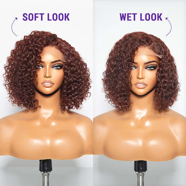 QVR Reddish Brown Water Wave C Lace Glueless Left Part Short Bob Wigs - Image 3