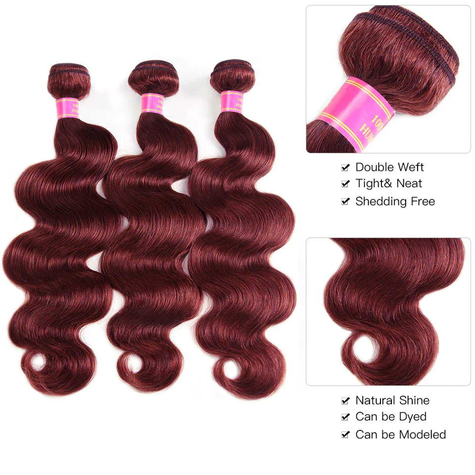 QVR Burgundy Bundles Body Wave Bundles 99J Red Colored Remy Human Hair Extensions Brazilian Weaving Remy Hair - Image 2