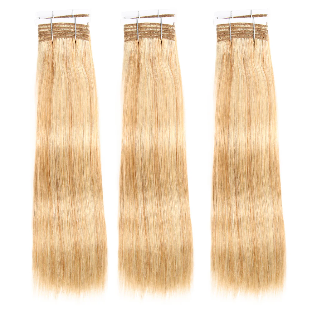 QVR Remy Human Hair 3 Bundles Straight Human Hair Weave Piano Blonde Color 27/613 - Image 2