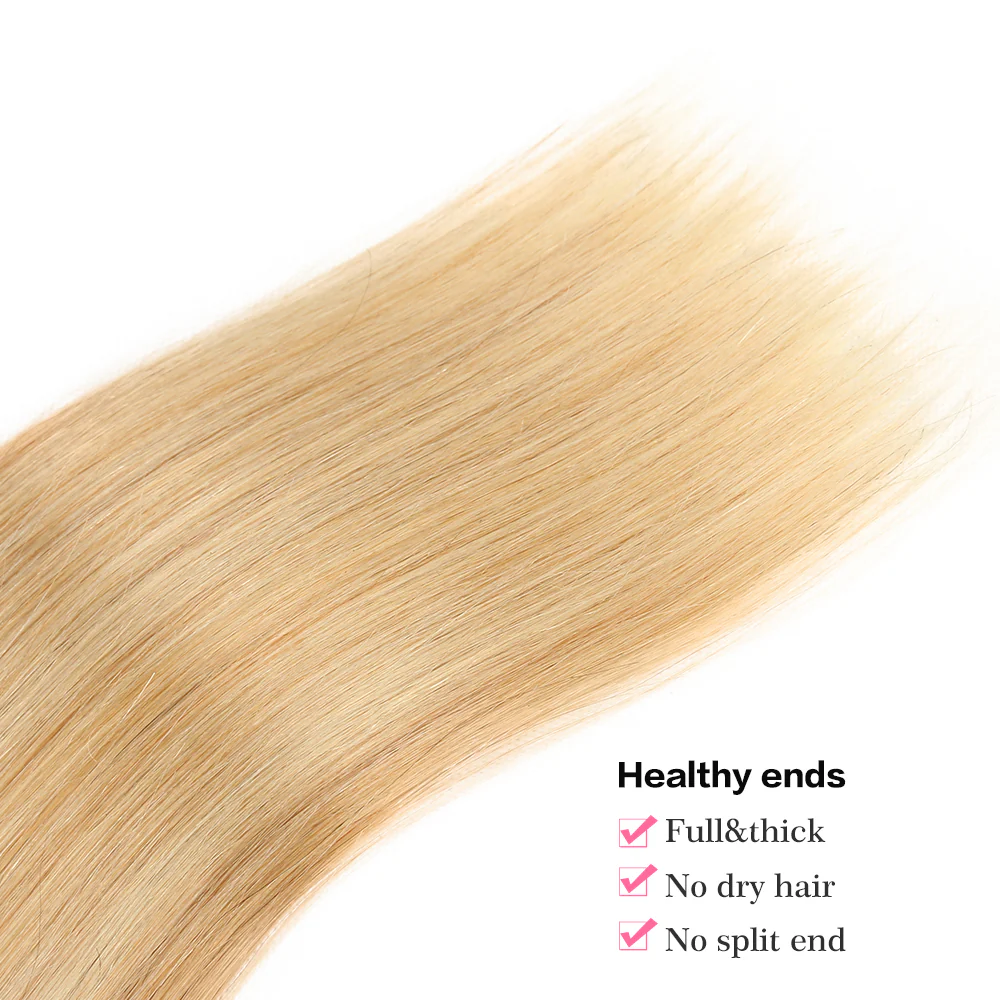 QVR Remy Human Hair 3 Bundles Straight Human Hair Weave Piano Blonde Color 27/613 - Image 9