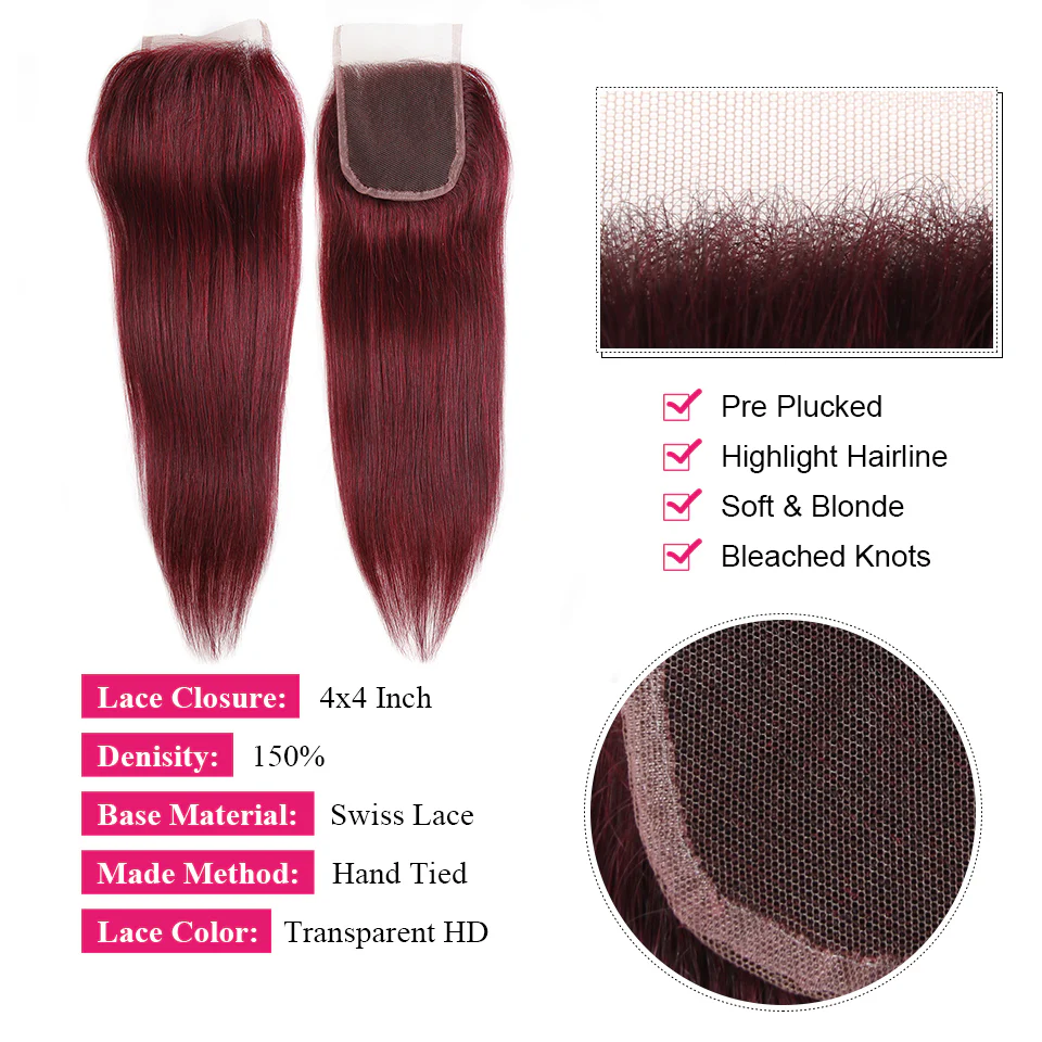 QVR Remy Human Hair Bundles With Closure  Straight Hair Burgundy Remy Peruvian Dyed 3 Bundles With Frontal 4x4 Brazilian Human Hair 99J - Image 4