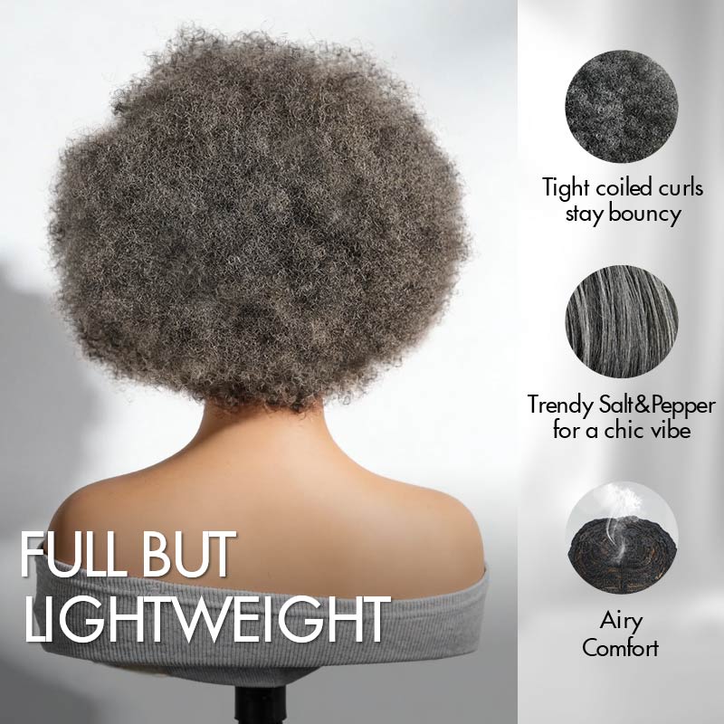 QVR Salt and Pepper Side Part Afro Curl Bouncy Human Hair Machine Made Glueless Wig - Image 3