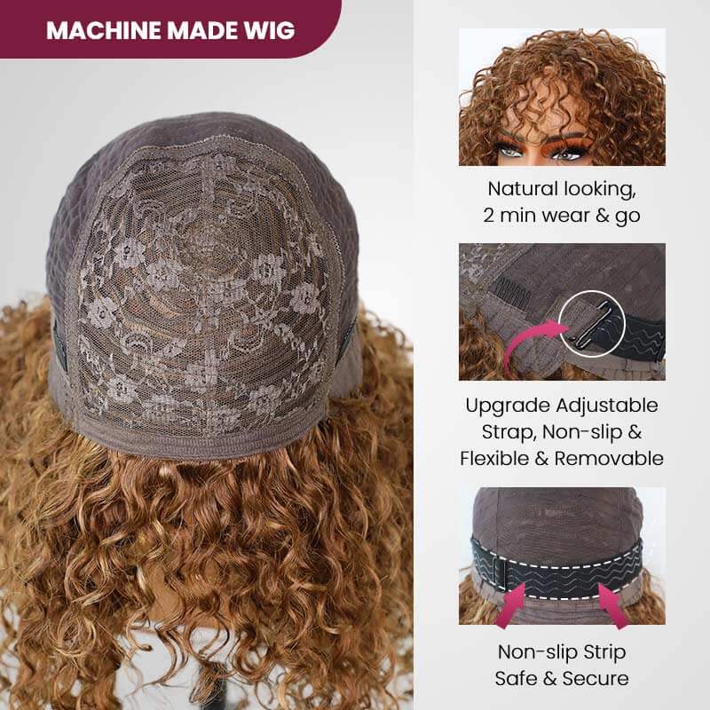 QVR Highlight Curly No Lace Piano #4/27 Color Glueless Machine Made Wig With Bangs - Image 12