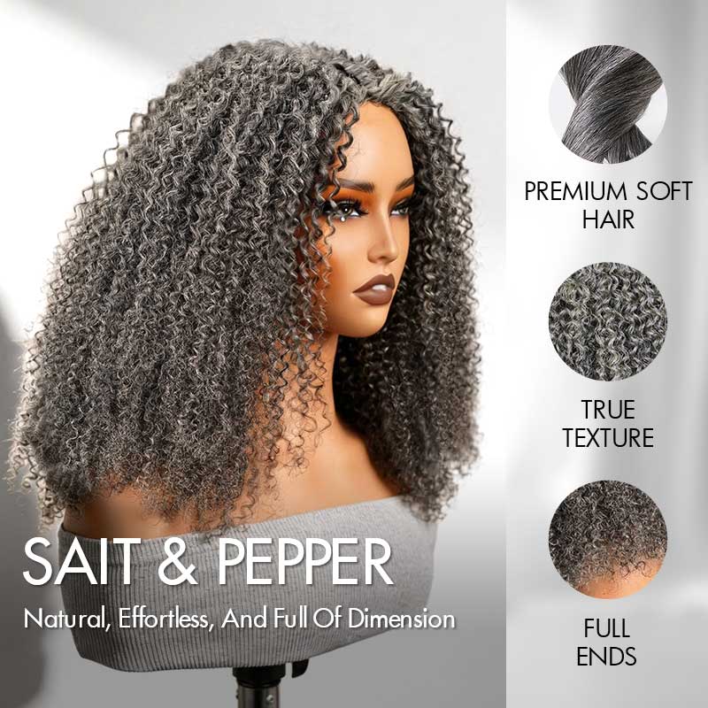 QVR Salt Pepper Kinky Curly V Part Wigs No Leave Out Invisible Lace Edge Human Hair Wig - Image 2