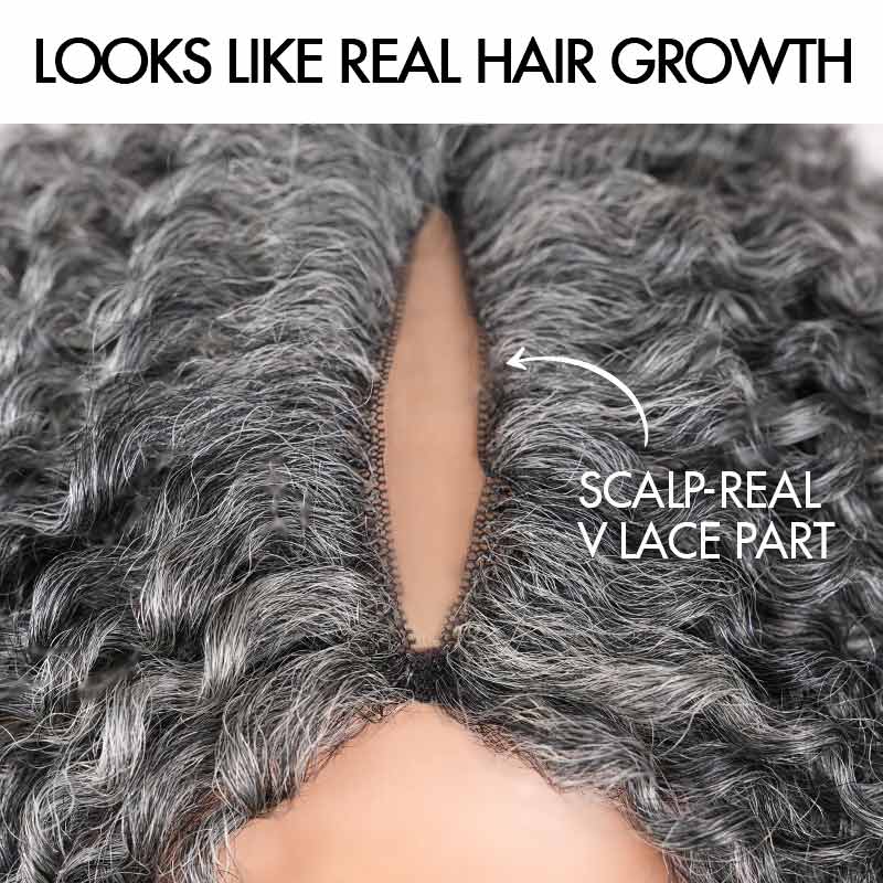 QVR Salt Pepper Kinky Curly V Part Wigs No Leave Out Invisible Lace Edge Human Hair Wig - Image 3