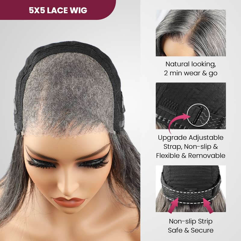 QVR Salt & Pepper Side Part Short Bob Wig Glueless 5X5 Lace Closure Wig - Image 10