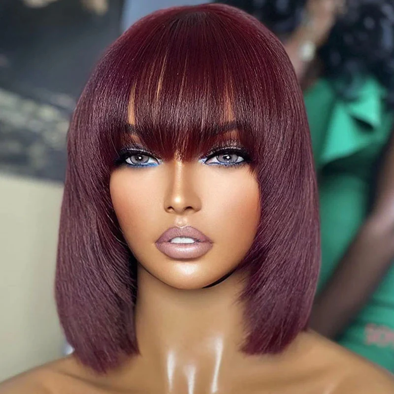 QVR Silk Straight 99J Color Machine Made Bob Wig With Bangs Straight Human Hair Wigs No Lace - Image 2