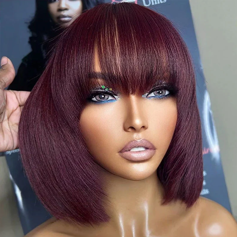 QVR Silk Straight 99J Color Machine Made Bob Wig With Bangs Straight Human Hair Wigs No Lace - Image 3