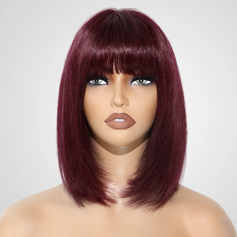 QVR Silk Straight 99J Color Machine Made Bob Wig With Bangs Straight Human Hair Wigs No Lace - Image 4