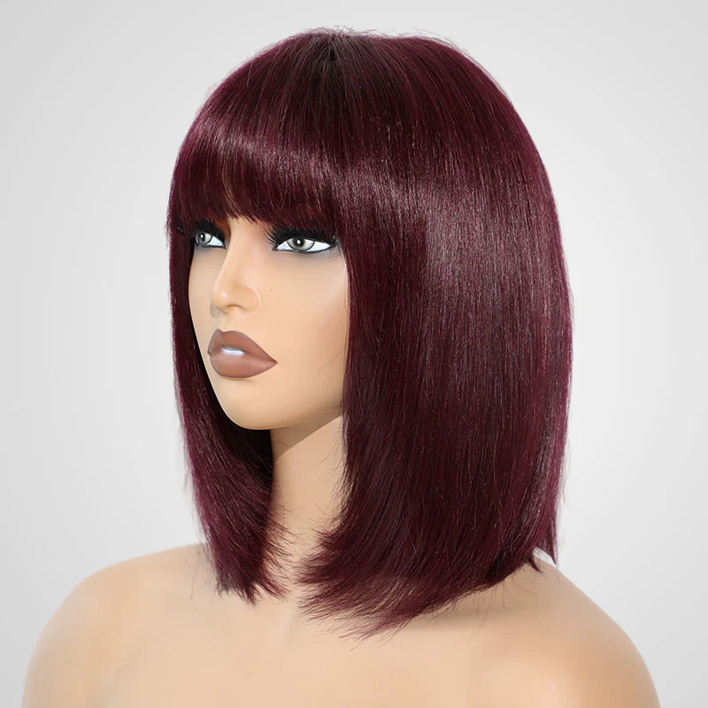 QVR Silk Straight 99J Color Machine Made Bob Wig With Bangs Straight Human Hair Wigs No Lace - Image 5
