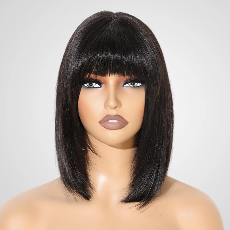 QVR Silk Straight 99J Color Machine Made Bob Wig With Bangs Straight Human Hair Wigs No Lace - Image 7