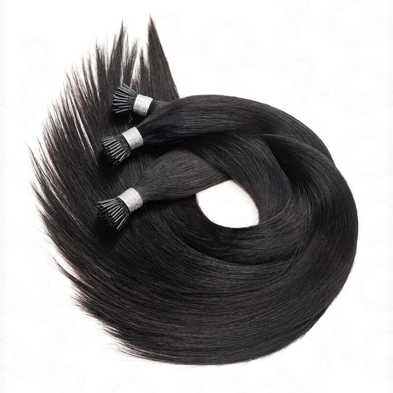 QVR Silk Straight I Tip Hair Extensions Natural Black Human Hair - Image 2
