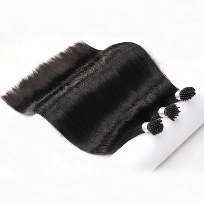 QVR Silk Straight I Tip Hair Extensions Natural Black Human Hair - Image 4