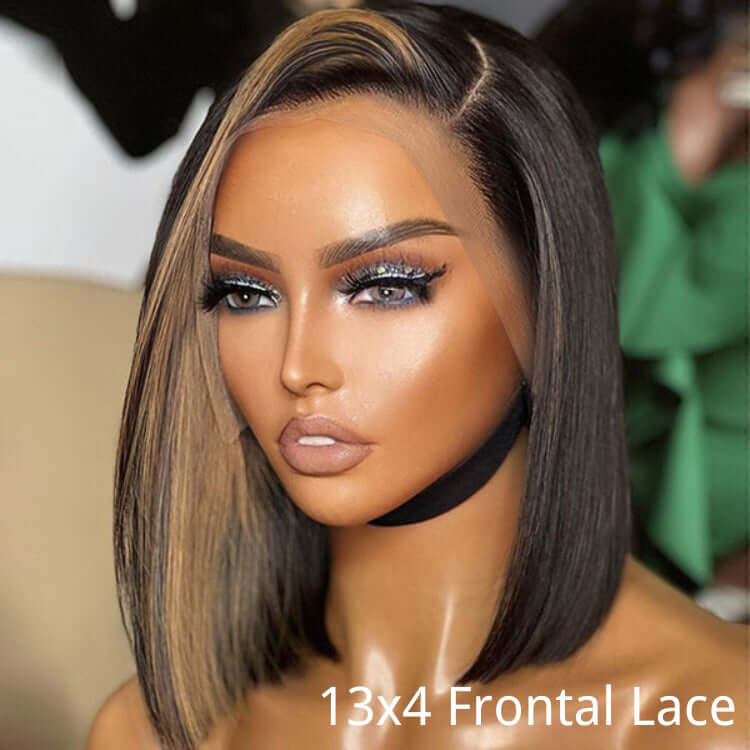 QVR Skunk Stripe Blonde Highlight Short Bob Wig Sliced Cut Straight Human Hair - Image 3