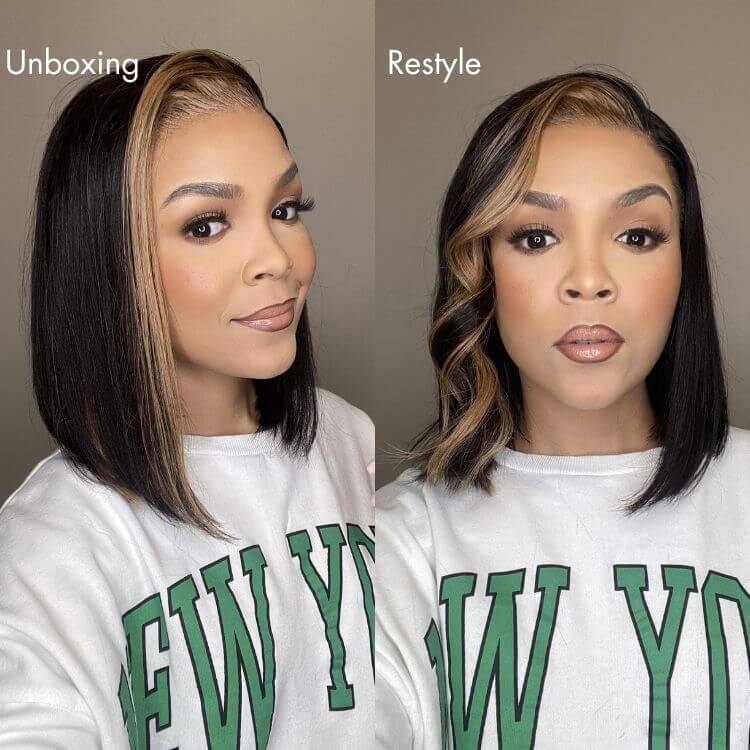 QVR Skunk Stripe Blonde Highlight Short Bob Wig Sliced Cut Straight Human Hair - Image 4