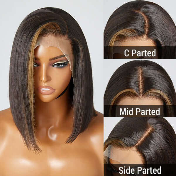 QVR Skunk Stripe Blonde Highlight Short Bob Wig Sliced Cut Straight Human Hair - Image 5