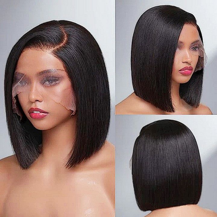 QVR Sliced Cut Straight Short Bob Wig Wide C Lace Natural Black Human Hair Wigs - Image 3