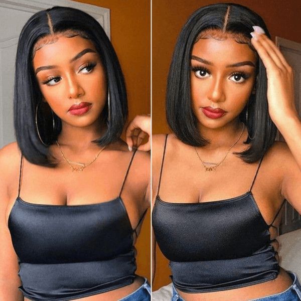 QVR Sliced Cut Straight Short Bob Wig Wide C Lace Natural Black Human Hair Wigs - Image 4