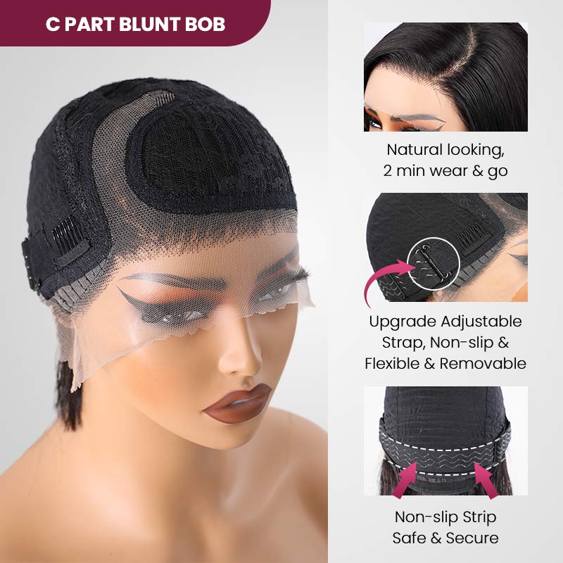 QVR Sliced Cut Straight Short Bob Wig Wide C Lace Natural Black Human Hair Wigs - Image 6