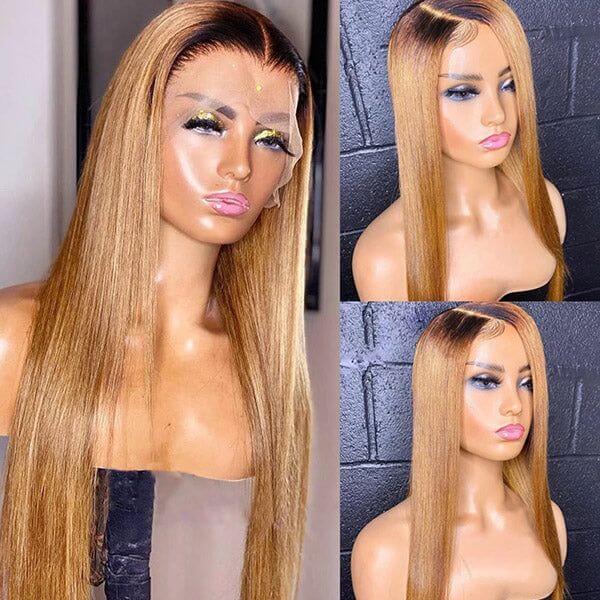 QVR Straight 1B/27 Honey Blonde 4x4 Lace Closure Wigs with Dark Roots For Black Women Human Hair Wigs - Image 4