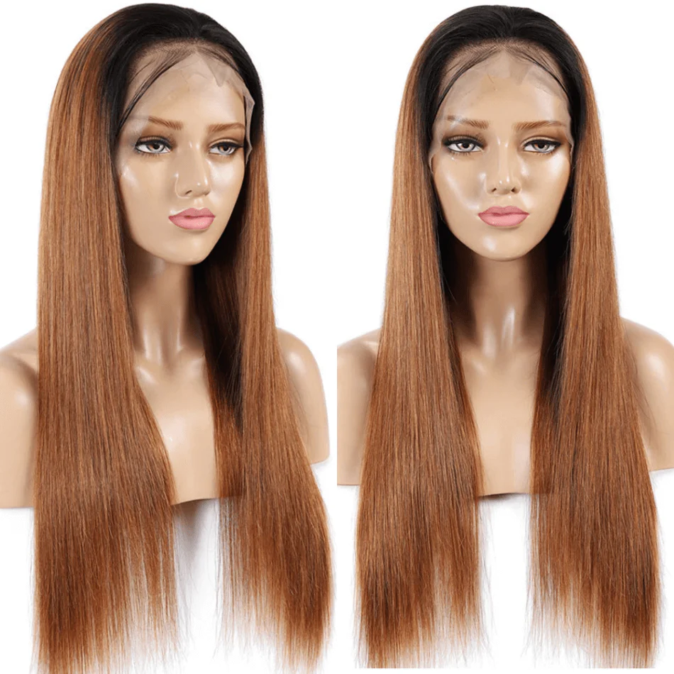 QVR Straight Hair 1B/30 Ombre Honey Brown Color Glueless 4x4 Lace Closure Wig 100% Virgin Human Hair Wigs - Image 3