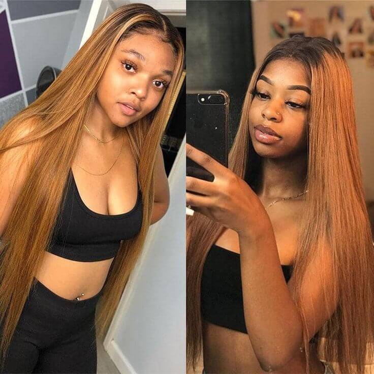 QVR Straight Hair 1B/30 Ombre Honey Brown Color Glueless 4x4 Lace Closure Wig 100% Virgin Human Hair Wigs - Image 4