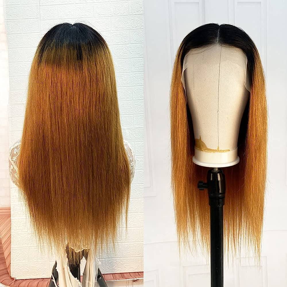 QVR Straight Hair 1B/30 Ombre Honey Brown Color Glueless 4x4 Lace Closure Wig 100% Virgin Human Hair Wigs - Image 6