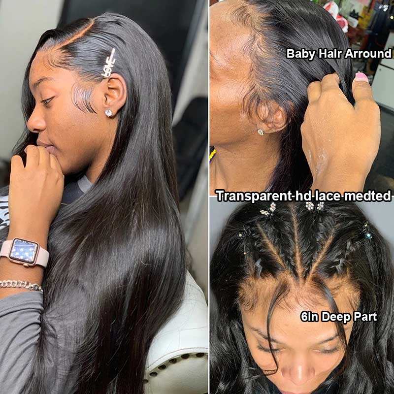 QVR Straight Hair Wig Virgin Human Hair Wigs 13x6 HD Transparent Lace Frontal Wigs Natural Black Color - Image 4