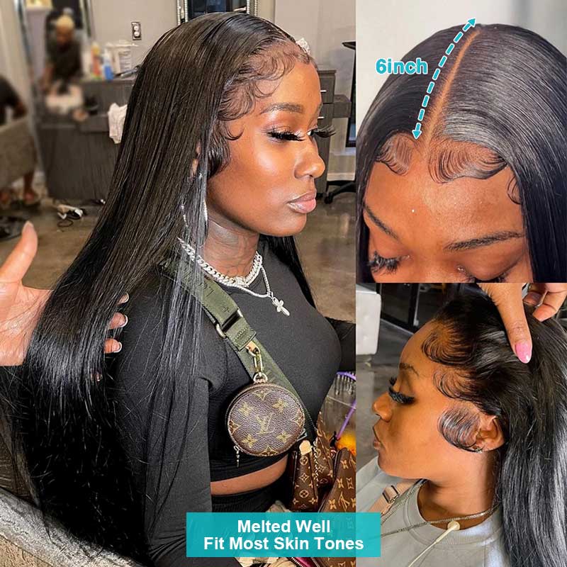 QVR Straight Hair Wig Virgin Human Hair Wigs 13x6 HD Transparent Lace Frontal Wigs Natural Black Color - Image 5
