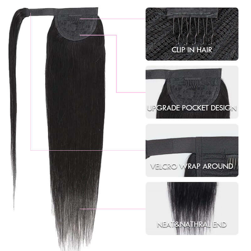 QVR Straight Ponytail Extension Human Hair Wrap Around Natural Black Clip In Ponytail Hair - Image 3