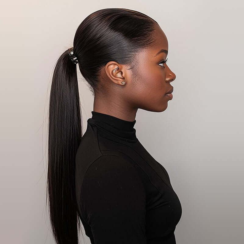 QVR Straight Ponytail Extension Human Hair Wrap Around Natural Black Clip In Ponytail Hair - Image 4