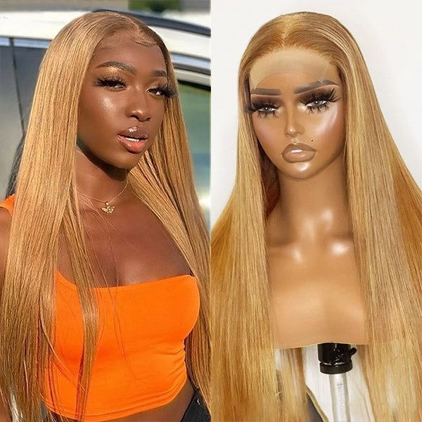 QVR Straight Wig Virgin Human Hair Lace Closure & Frontal Glueless Wigs with Baby Hair Golden Blonde Color #27 - Image 2