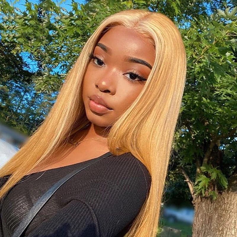 QVR Straight Wig Virgin Human Hair Lace Closure & Frontal Glueless Wigs with Baby Hair Golden Blonde Color #27 - Image 3