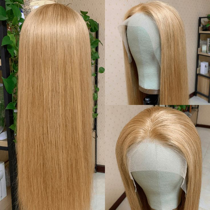 QVR Straight Wig Virgin Human Hair Lace Closure & Frontal Glueless Wigs with Baby Hair Golden Blonde Color #27 - Image 4