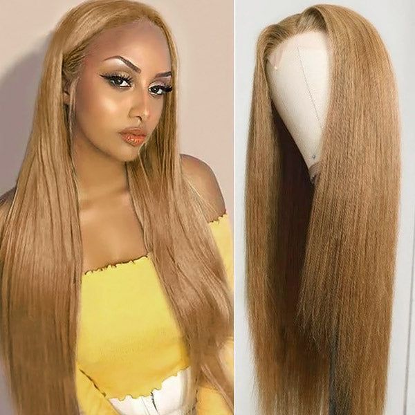 QVR Straight Wig Virgin Human Hair Lace Closure & Frontal Glueless Wigs with Baby Hair Golden Blonde Color #27 - Image 5
