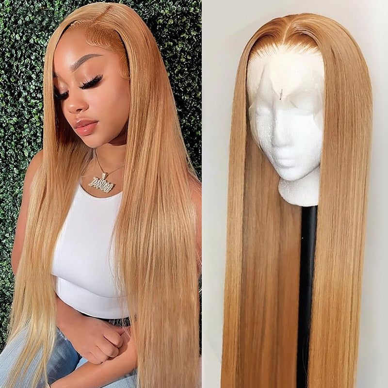 QVR Straight Wig Virgin Human Hair Lace Closure & Frontal Glueless Wigs with Baby Hair Golden Blonde Color #27 - Image 7