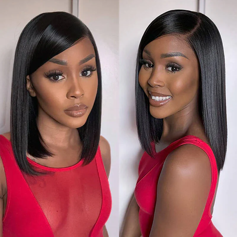 QVR Swoop Bangs Silky Straight Glueless 5x5 Closure  Deep Left C Part Lace Bob Wig