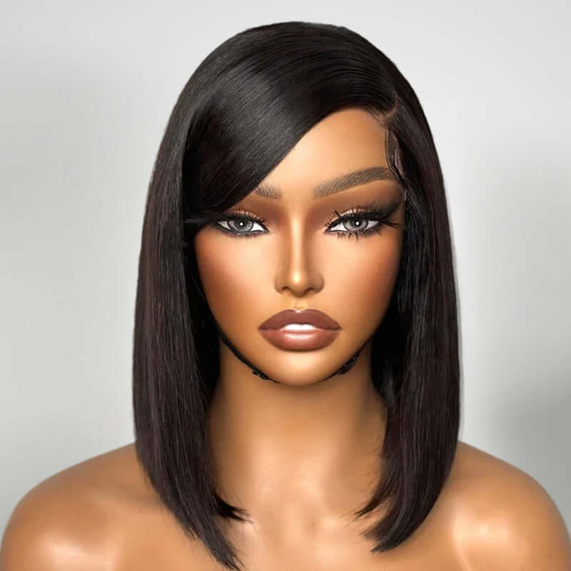 QVR Swoop Bangs Silky Straight Glueless 5x5 Closure  Deep Left C Part Lace Bob Wig - Image 3